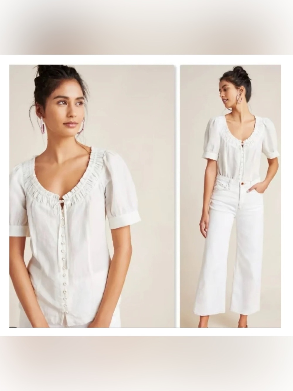 MAEVE ANTHROPOLOGIE Winifred Peasant Button Front White Linen Blend Top Size 10